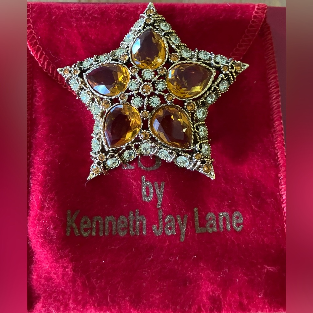 NEW Kenneth Jay Lane Vintage 1990โs Orange Rhinestone Star Brooch with Amber